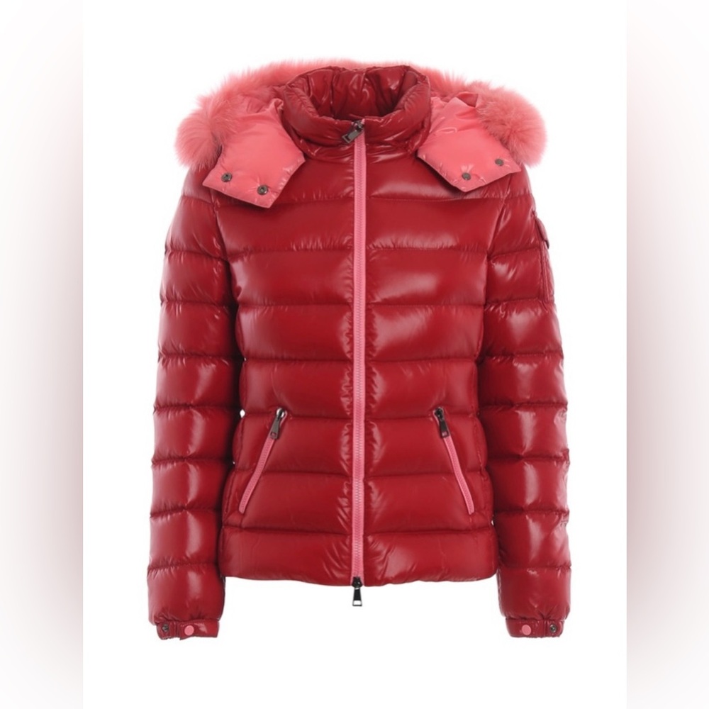Moncler Badyfur Red Glossy Puffer Jacket with pink fur Detachable  Size 0, XS